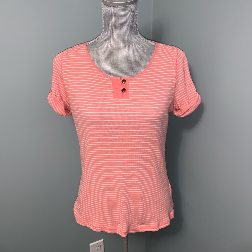 LAUREN RALPH LAUREN size medium petite coral striped top short sleeve